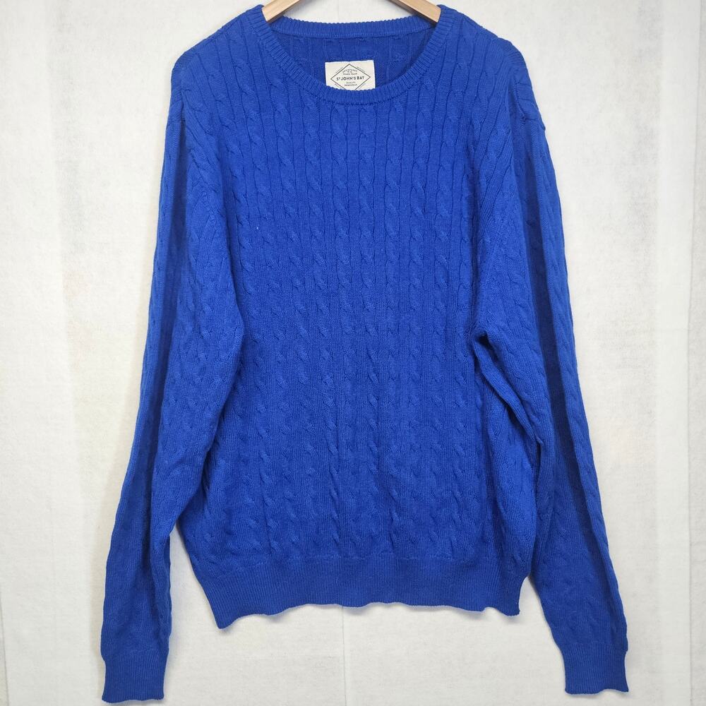 St. John's Bay Mens Blue Cable Knit Long Sleeve Pullover Crewneck Sweater Size L